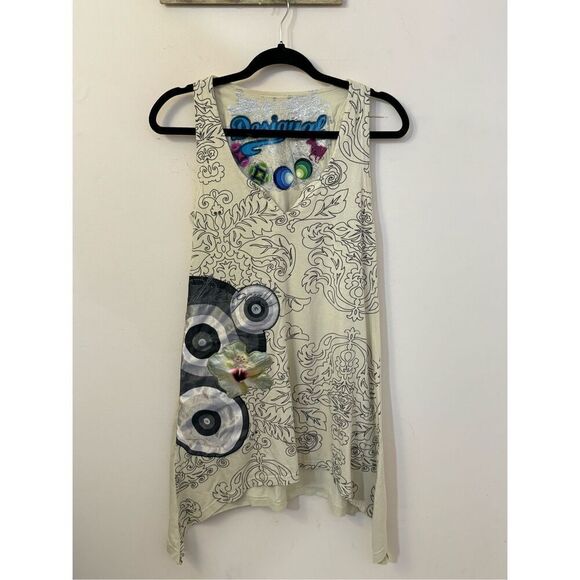 Desigual Y2K Cream Floral Embellished Tunic Tank Top S - Picture 1 of 4